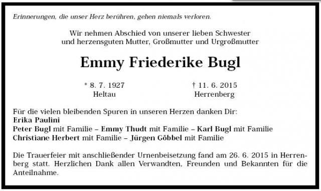 Paulini Emma Friederike 1927-2015 Todesanzeige SBZ